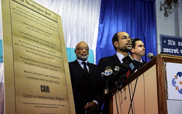  Nihad Awad, National Executive Director of the Council on American-Islamic Relations (CAIR) joins other community religious and political leaders at a news conference to address recent issues involving the New Jersey Muslim community on December 3, 2015 in Jersey City, New Jersey. Spencer Platt/Getty Images/AFP)