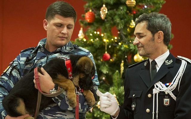 A Russian police officer holds a puppy, named Dobrynya, as a French police officer smiles before presenting the puppy to French police in the French Embassy in Moscow, Russia, Monday, December 7, 2015. (AP/Pavel Golovkin) A Russian police officer holds a puppy, named Dobrynya, as a French police officer smiles before presenting the puppy to French police in the French Embassy in Moscow, Russia, Monday, December 7, 2015. (AP/Pavel Golovkin)