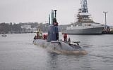 The INS Rahav, a Dolphin class made by German shipbuilder ThyssenKrupp, sets off from the German port of Kiel toward Haifa, December 17, 2015. (IDF Spokesperson's Unit)