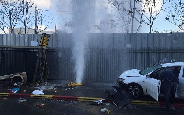 A car that plowed into pedestrians at the entrance to Jerusalem on December 14, 2015. (Israel Police) A car that plowed into pedestrians at the entrance to Jerusalem on December 14, 2015. (Israel Police)