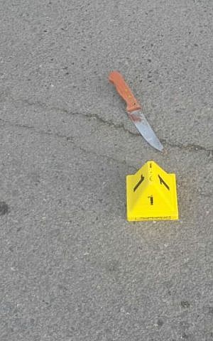 Knife used in a stabbing attack on an Israeli civilian near the Tomb of the Patriarchs in Hebron on December 7, 2015. (Israel Police)