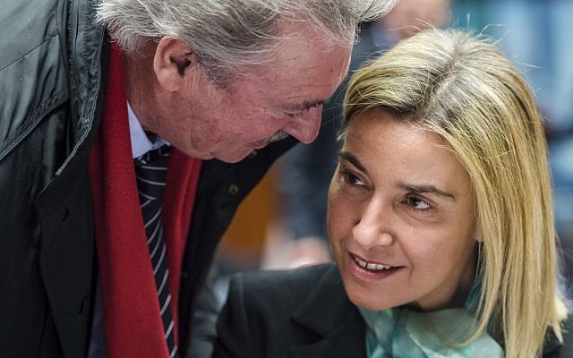 Luxembourg's Foreign Minister Jean Asselborn (left), talks with EU Foreign Policy Chief Federica Mogherini during an EU meeting of foreign ministers at the EU Council in Brussels, Belgium, December 14, 2015. (AP/Geert Vanden Wijngaert) Luxembourg's Foreign Minister Jean Asselborn (left), talks with EU Foreign Policy Chief Federica Mogherini during an EU meeting of foreign ministers at the EU Council in Brussels, Belgium, December 14, 2015. (AP/Geert Vanden Wijngaert)