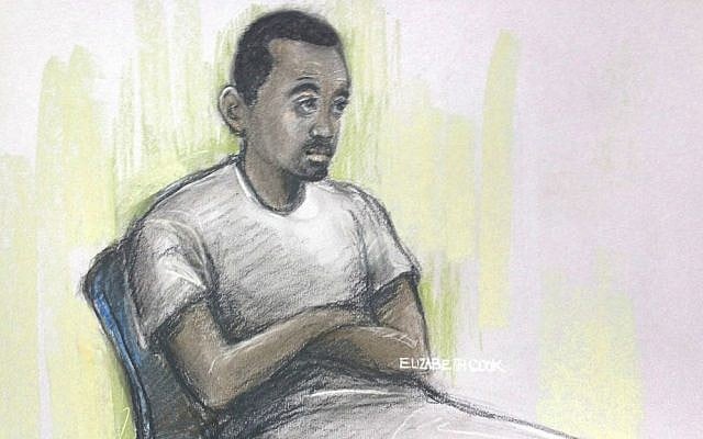 This is a sketch by court artist Elizabeth Cook of Muhaydin Mire appearing at Westminster Magistrates' Court, London, Monday Dec. 7, 2015. (Elizabeth Cook/PA via AP)