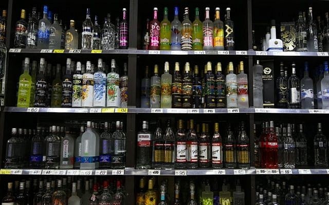 Alcohol for sale in a shop in the central Israeli town of Petah Tikva on June 24, 2015. (Nati Shohat/FLASH90)
