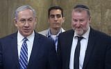 Prime Minister Benjamin Netanyahu, with then-cabinet secretary and current Attorney General Avichai Mandelblit, May 26, 2015. (Marc Israel Sellem/ Pool/ Flash90)