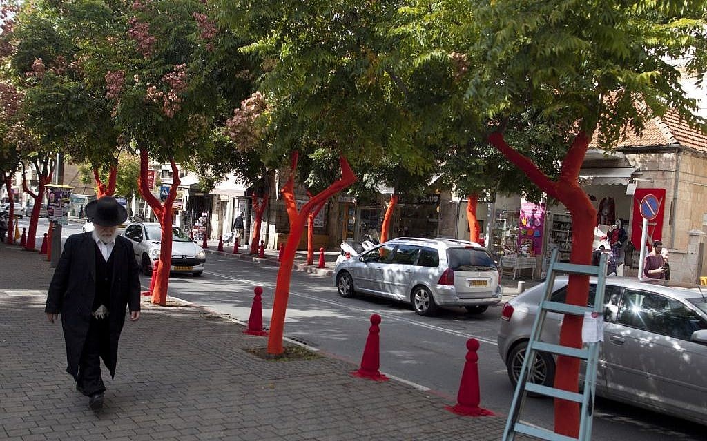 An Ultra Orthodox man walks next to trees covered by red fabric in Emek Refaim neighborhood of Jerusalem, on December 02, 2015. (Lior Mizrahi/Flash90)