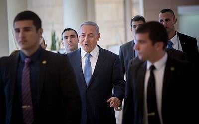 Prime Minister Benjamin Netanyahu arrives at the weekly Likud faction meeting at the Knesset, December 7, 2015. (Yonatan Sindel/Flash90)