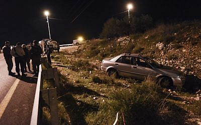 The car which was hit in a shooting terror attack near the West Bank settlement of Avnei Hefez, December 9, 2015. (Photo by Gili Yaari/Flash90)