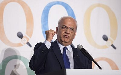 PLO Secretary General Saeb Erekat speaks at the Haaretz and New Israel Fund conference in the Roosevelt Hotel, NYC, on December 13, 2015. (Photo by Amir Levy/Flash90) PLO Secretary General Saeb Erekat speaks at the Haaretz and New Israel Fund conference in the Roosevelt Hotel, NYC, on December 13, 2015. (Photo by Amir Levy/Flash90)