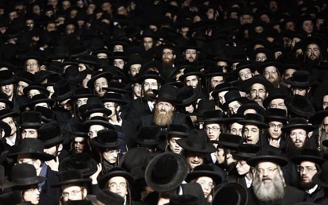 Illustrative photo of ultra-orthodox Jewish men in a protest in Jerusalem December 22, 2015. (Yonatan Sindel/Flash90)