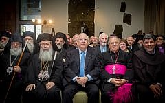 President Reuven Rivlin sits with Latin Patriarch of Jerusalem Fouad Twal and Greek Orthodox Patriarch of Jerusalem Theophilos III at his residence in Jerusalem in honor of the upcoming New Year, on December 28, 2015. (Miriam Alster/FLASH90)