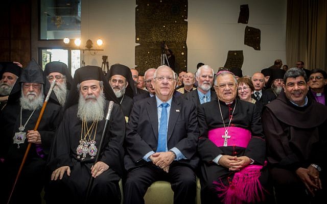 President Reuven Rivlin sits with Latin Patriarch of Jerusalem Fouad Twal and Greek Orthodox Patriarch of Jerusalem Theophilos III at his residence in Jerusalem in honor of the upcoming New Year, on December 28, 2015. (Miriam Alster/FLASH90) President Reuven Rivlin sits with Latin Patriarch of Jerusalem Fouad Twal and Greek Orthodox Patriarch of Jerusalem Theophilos III at his residence in Jerusalem in honor of the upcoming New Year, on December 28, 2015. (Miriam Alster/FLASH90)