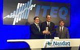 (L to R) Ido Aharoni, Steven Schoenfeld, and Nasdaq Executive VP Salil Donde ring the open bell December 3, 2015 (Courtesy)