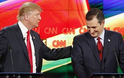 Donald Trump, left, and Ted Cruz joke about remarks Cruz has made about Trump's temperament during the CNN Republican presidential debate at the Venetian Hotel & Casino, Las Vegas, December 15, 2015. (AP/John Locher) Donald Trump, left, and Ted Cruz joke about remarks Cruz has made about Trump's temperament during the CNN Republican presidential debate at the Venetian Hotel & Casino, Las Vegas, December 15, 2015. (AP/John Locher)