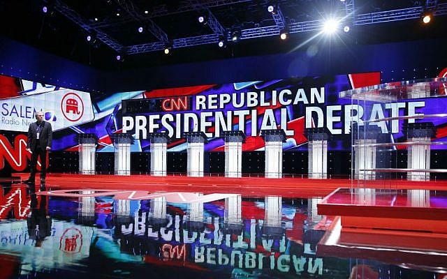 Podiums line the stage before the CNN Republican presidential debate at the Venetian Hotel & Casino on Tuesday, Dec. 15, 2015, in Las Vegas. (AP Photo/John Locher)