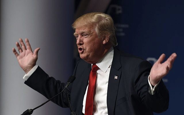 Republican presidential candidate Donald Trump speaks at the Republican Jewish Coalition Presidential Forum in Washington, December, 3, 2015. (AP/Susan Walsh) Republican presidential candidate Donald Trump speaks at the Republican Jewish Coalition Presidential Forum in Washington, December, 3, 2015. (AP/Susan Walsh)