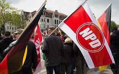Participants of a rally supporting the National Democratic Party in Erfurt, Germany, on May 1, 2015. (Sebastian Kahnert/DPA via AP)