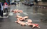 Pig carcasses strewn on a Rishon Lezion city street on December 14, 2015. (Rishon Lezion Municipality spokesperson)