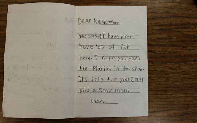 A message from a Paul Penna Downtown Jewish Day School student to a Syrian refugee. Toronto, Canada, December 2015. (Courtesy)
