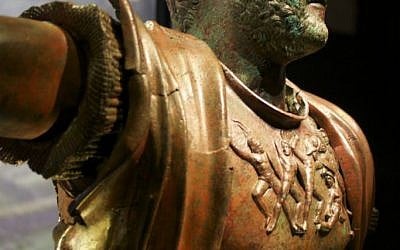 A bronze statue of Roman Emperor Hadrian from Tel Shalem, in northern Israel, at an Israel Museum exhibit opening December 22, 2015. (Moti Tufeld)