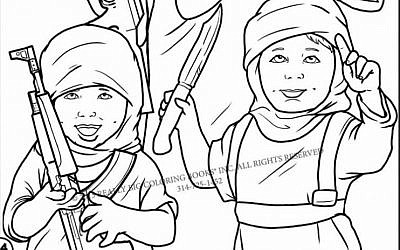 An image from the anti-Islamic State coloring book produced by Missouri-based Really Big Comics, showing children indoctrinated into IS. (screen capture)