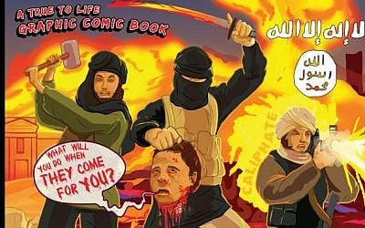 An image from the anti-Islamic State coloring book produced by Missouri-based Really Big Comics, showing jihadist terrorists beheading a prisoner. (screen capture)
