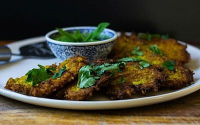 Indian-Spiced Cauliflower Latkes with Cilantro Chutney (Samantha Ferraro/via JTA)