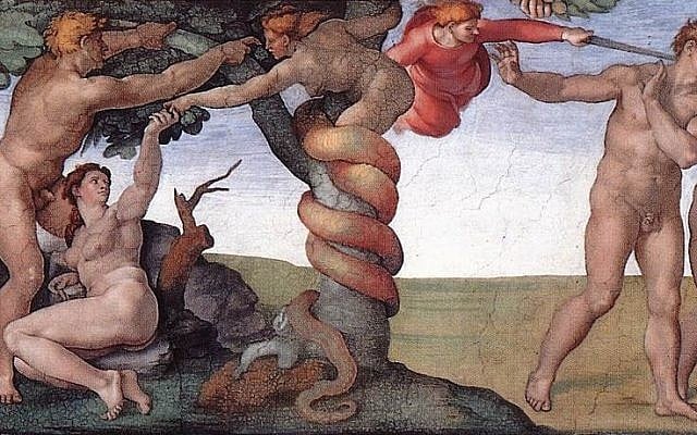 The fall of Adam and Eve as depicted in the Sistine Chapel by Michelangelo. (Wikimedia commons)
