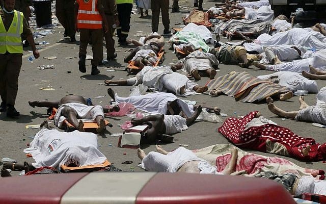 In this Thursday, Sept. 24, 2015, file photo, bodies of people who died in a crush in Mina, Saudi Arabia during the annual hajj pilgrimage lie in a street. (AP Photo/File) In this Thursday, Sept. 24, 2015, file photo, bodies of people who died in a crush in Mina, Saudi Arabia during the annual hajj pilgrimage lie in a street. (AP Photo/File)