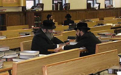 The beit midrash study hall in the Hasidic village of New Square, New York. (Uriel Heilman/JTA)