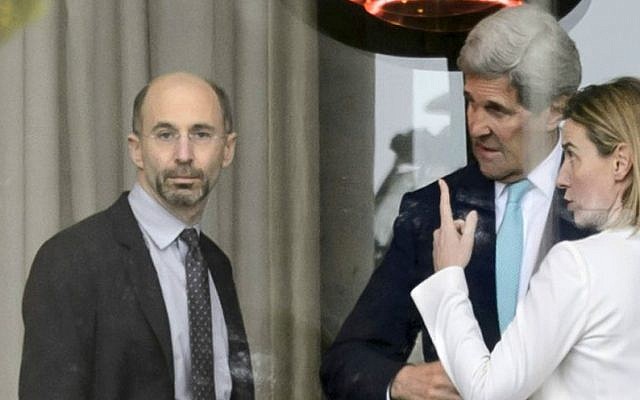 In this April 1, 2015, file photo, EU foreign policy chief Federica Mogherini, right, speaks with US Secretary of State John Kerry, center, and Robert Malley, left, then-senior director for Iran, Iraq, and the Gulf States at the US National Security Council, on the sidelines of the Iran nuclear talks at the Beau Rivage Palace Hotel in Lausanne, Switzerland. (AP Photo/Keystone, Laurent Gillieron, File) In this April 1, 2015, file photo, EU foreign policy chief Federica Mogherini, right, speaks with US Secretary of State John Kerry, center, and Robert Malley, left, then-senior director for Iran, Iraq, and the Gulf States at the US National Security Council, on the sidelines of the Iran nuclear talks at the Beau Rivage Palace Hotel in Lausanne, Switzerland. (AP Photo/Keystone, Laurent Gillieron, File)