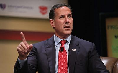Republican presidential candidate and former Pennsylvania Senator Rick Santorum fields questions at The Family Leadership Summit at Stephens Auditorium on July 18, 2015 in Ames, Iowa. (Scott Olson/Getty Images via JTA)