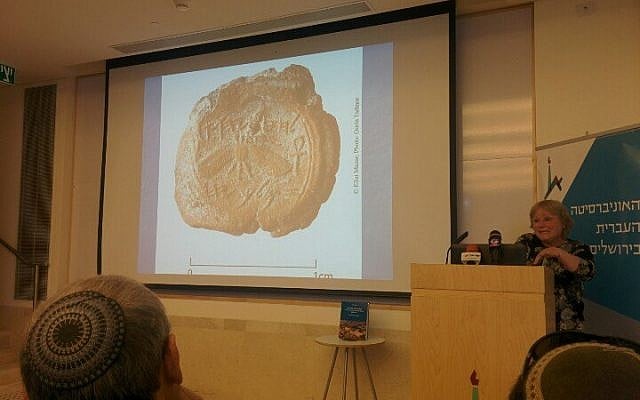 Professor Eilat Mazar of Hebrew University presents a stamp seal, found in Jerusalem, bearing the name of the biblical king Hezekiah, at a press conference on Wednesday, December 2, 2015 (Ilan Ben Zion/Times of Israel) Professor Eilat Mazar of Hebrew University presents a stamp seal, found in Jerusalem, bearing the name of the biblical king Hezekiah, at a press conference on Wednesday, December 2, 2015 (Ilan Ben Zion/Times of Israel)