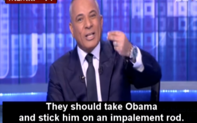 Screenshot of Ahmed Moussa calling for the impalement of US President Barack Obama, December 5, 2015. (screen capture: YouTube)