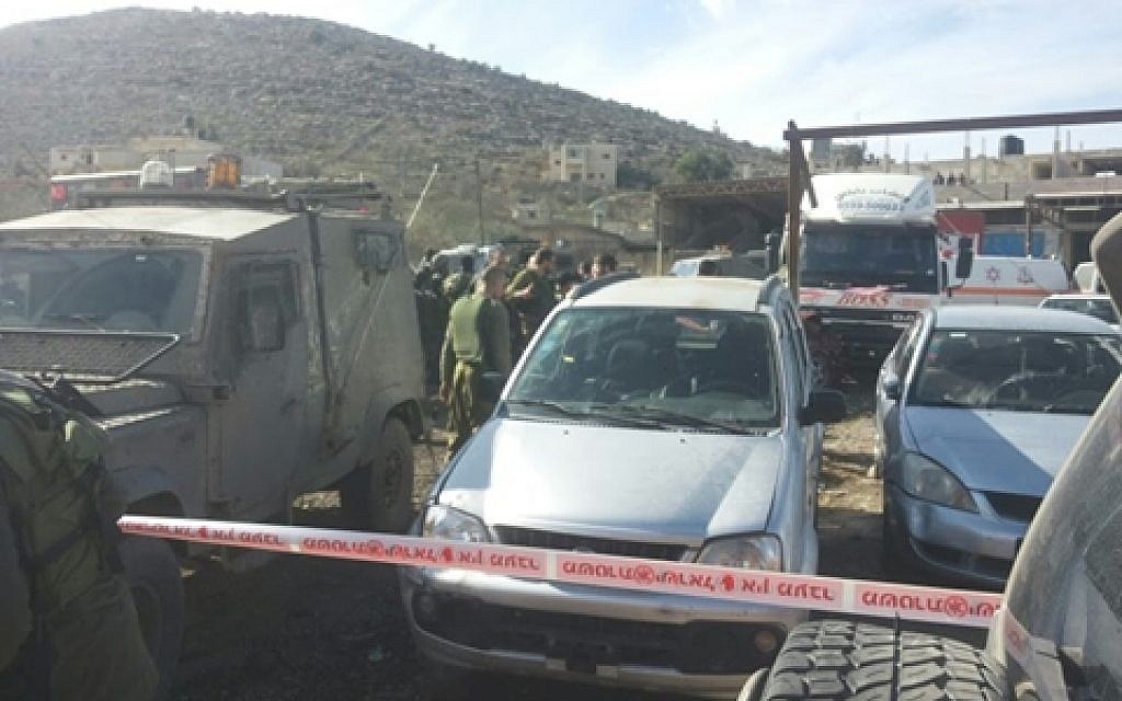 The scene of Thursday's car ramming attack near the West Bank village of Hawara, December 31, 2015. (Twitter)