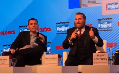Peter Beinart, left, and Shmuley Boteach debate in Tel Aviv on December 6, 2015 (YouTube)