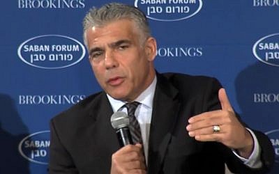 Yesh Atid leader MK Yair Lapid speaking at the Brookings Institution's Saban Forum in Washington, DC, Saturday, December 5, 2015 (Youtube screen capture)