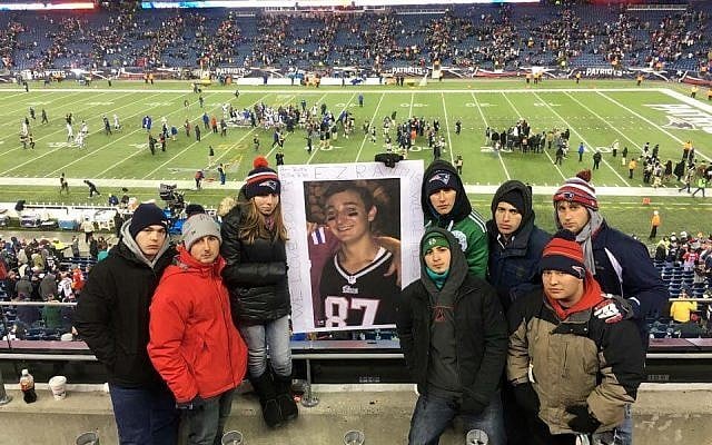 Friends of Ezra Schwartz honor his memory at the November 23, 2015 New England Patriots Game, where a moment of silence was observed for Schwartz (Facebook)