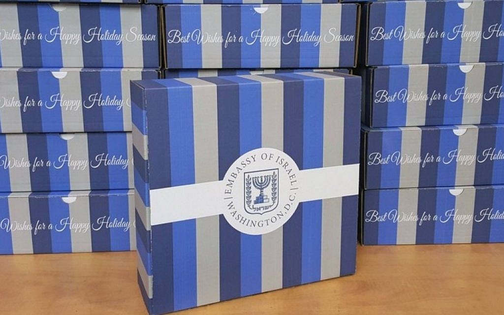 A present sent by the Israeli Embassy in Washington to US officials for the holiday season. The contents include gifts produced in the West Bank and the Golan Heights. (Screen capture: Twitter)