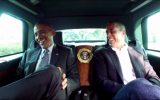 Comedian Jerry Seinfeld and US President Barack Obama share some laughs in an episode of Comedians in Cars getting coffee which was released on December 30, 2015.  (screen capture: YouTube)
