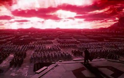 A screen shot showing imperial troops massed in a Nazi-like rally in "Star Wars: The Force Awakens." (screen capture: YouTube)