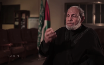 Hamas co-founder Mahmoud al-Zahar gives interview to mark the terror organizations 28th anniversary on December 14, 2015. (screen capture: YouTube)