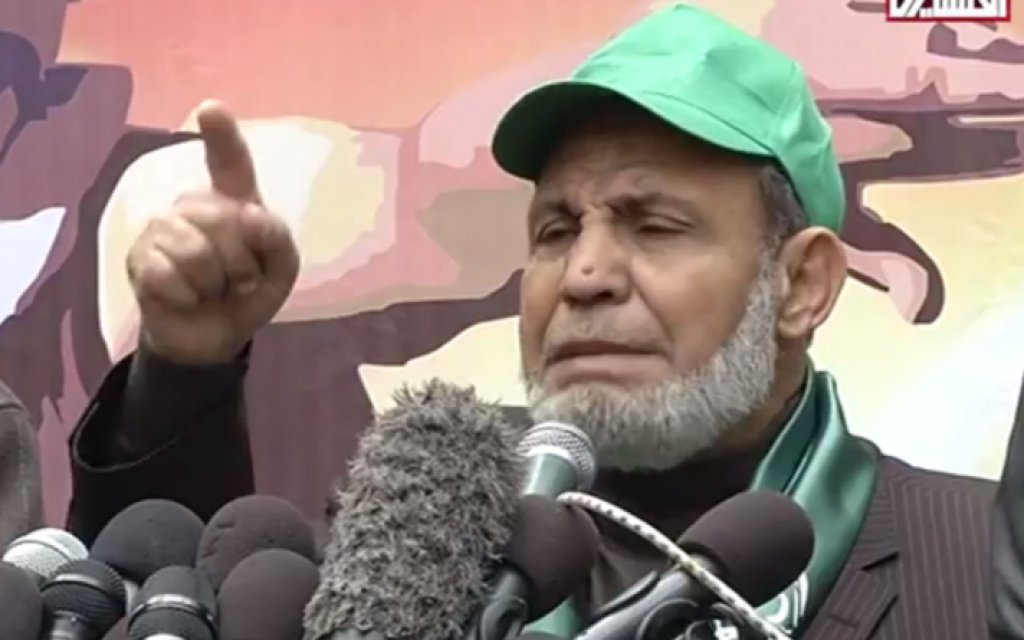 Mahmoud al-Zahar speaks at a Hamas rally in Gaza on December 14, 2015. (YouTube screenshot)