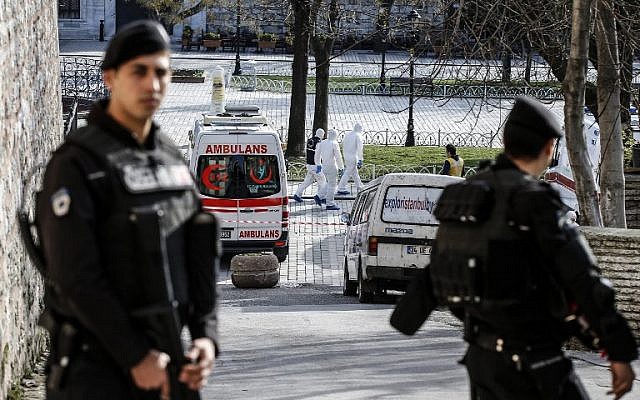 Turkish police stand guard next to ambulances as they block access to the Blue Mosque area after a suicide bombing in Istanbul's tourist hub of Sultanahmet on January 12, 2016, in which 10 German tourists were killed. (AFP/Bulent Kilic) Turkish police stand guard next to ambulances as they block access to the Blue Mosque area after a suicide bombing in Istanbul's tourist hub of Sultanahmet on January 12, 2016, in which 10 German tourists were killed. (AFP/Bulent Kilic)