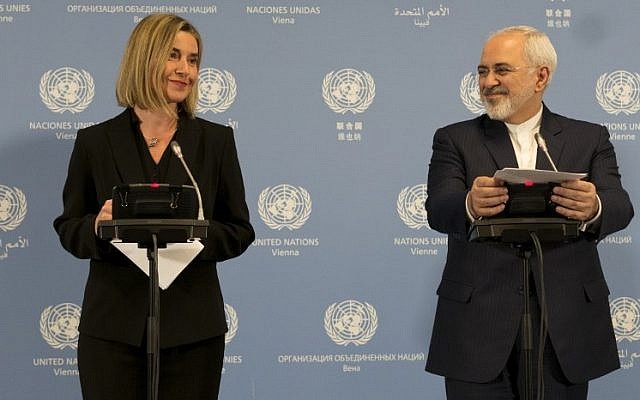 Iranian Foreign Minister Mohammad Javad Zarif (R) and EU foreign policy chief Federica Mogherini hold a joint press conference during the E3/EU+3 and Iran talks at the International Atomic Energy Agency headquarters in Vienna on January 16, 2016. (AFP/Joe Klamar) Iranian Foreign Minister Mohammad Javad Zarif (R) and EU foreign policy chief Federica Mogherini hold a joint press conference during the E3/EU+3 and Iran talks at the International Atomic Energy Agency headquarters in Vienna on January 16, 2016. (AFP/Joe Klamar)