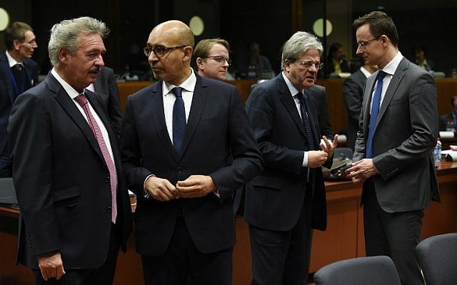 Luxemburger Foreign Minister Jean Asselborn (left) talks with French Secretary of State of European Affairs Harlem Desir (2nd right), Italian Foreign Affairs Minister Paolo Gentiloni and Hungarian Foreign Minister Peter Szijjarto during an EU Foreign Affairs Council meeting in Brussels, Belgium, on January 18, 2015. (AFP/John Thys) Luxemburger Foreign Minister Jean Asselborn (left) talks with French Secretary of State of European Affairs Harlem Desir (2nd right), Italian Foreign Affairs Minister Paolo Gentiloni and Hungarian Foreign Minister Peter Szijjarto during an EU Foreign Affairs Council meeting in Brussels, Belgium, on January 18, 2015. (AFP/John Thys)