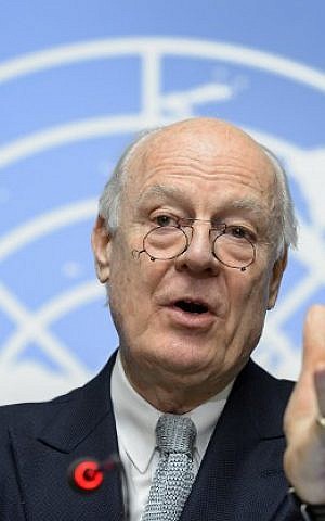 UN Syria envoy Staffan De Mistura gestures during a press conference on efforts to restart peace talks, at the United Nations Offices in Geneva on January 25, 2016. (Fabrice Coffrini/AFP)