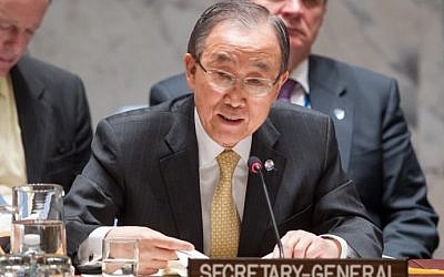 UN Secretary-General Ban Ki-moon briefs the Security Council during a meeting on the situation in the 'Middle East and Palestine,' January 26, 2016, at the UN in New York. (AFP/United Nations/UN Photo/Loey Felipe) UN Secretary-General Ban Ki-moon briefs the Security Council during a meeting on the situation in the 'Middle East and Palestine,' January 26, 2016, at the UN in New York. (AFP/United Nations/UN Photo/Loey Felipe)