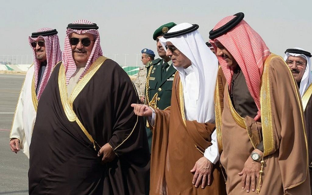 Saudi Minister of Foreign Affairs Adel al-Jubeir (center right) welcomes his Bahraini counterpart Khalid Bin Ahmad al-Khalifa (center left) and Gulf Cooperation Council Secretary General Abdullatif bin Rashid Al-Zayani of Bahrain (far right) upon their arrival for a Gulf Cooperation Council (GCC) extraordinary meeting in the Saudi capital Riyadh, January 9, 2016. (AFP/Ahmed Farwan) Saudi Minister of Foreign Affairs Adel al-Jubeir (center right) welcomes his Bahraini counterpart Khalid Bin Ahmad al-Khalifa (center left) and Gulf Cooperation Council Secretary General Abdullatif bin Rashid Al-Zayani of Bahrain (far right) upon their arrival for a Gulf Cooperation Council (GCC) extraordinary meeting in the Saudi capital Riyadh, January 9, 2016. (AFP/Ahmed Farwan)