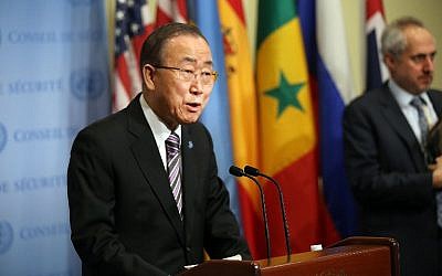 United Nations Secretary-General Ban Ki-moon makes comments to the media on the situation in North Korea before the Security Council holds a closed-door meeting to discuss the next steps at the United Nations on January 6, 2016 in New York City. (Spencer Platt/Getty Images/AFP)